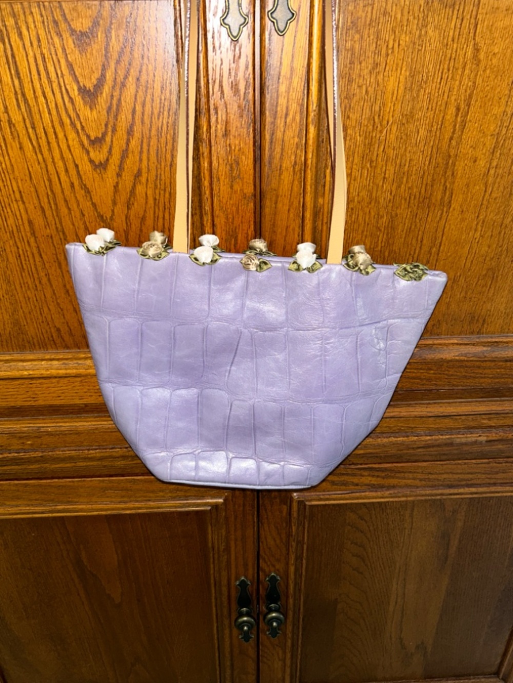 Falor-Le Borse Lavender Italian Leather Crock Embossed Tote with Floral Rosettes